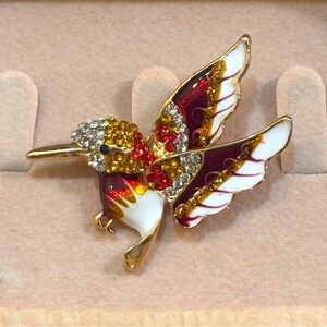 NWOT Hummingbird Brooch with Silver, Red and Brown Rhinestones!